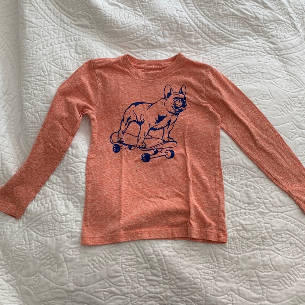 JCrew kids long sleeve tee with French bulldog on skateboard (size 4-5)